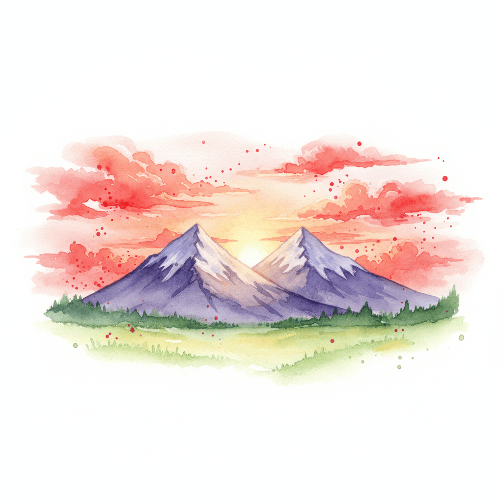 Watercolor mountains at sunset